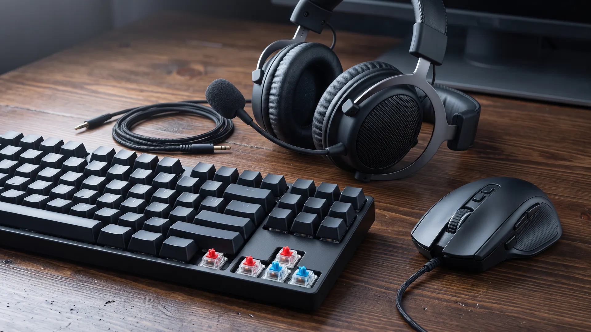 מקלדת מכנית, עכבר ואוזניות גיימינג על שולחן עץ
