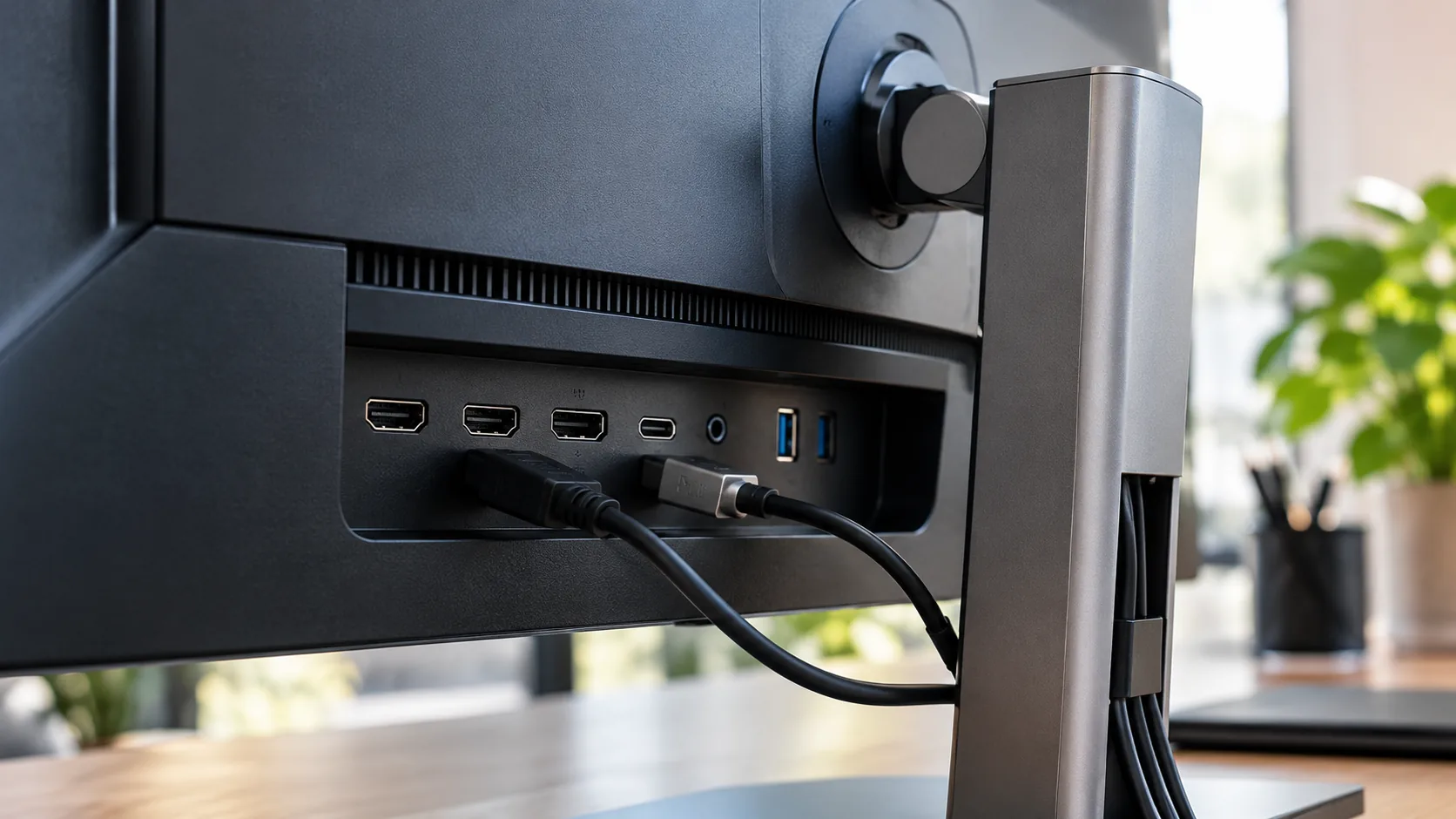 מסך מחשב מומלץ חיבורי HDMI, DisplayPort ו-USB-C בגב מסך מחשב